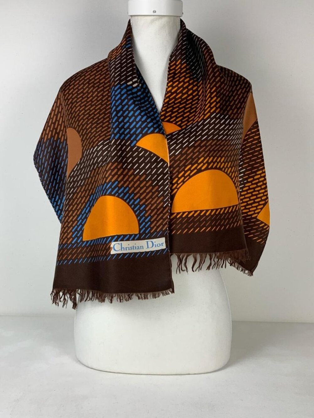 Christian Dior Vintage Silk Scarf - Geometric Sunset Pattern, 14x45 Inches